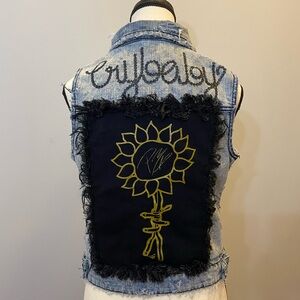 Denim Vest Distressed Upcycled - crybaby on back Size S Streetwear Grunge Artsy